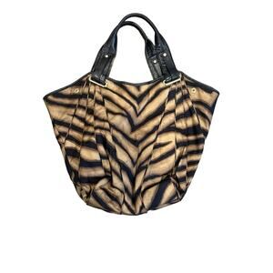 Vintage Kooba Black & Brown Striped Nylon Tiger Print Bag with Leather Handle